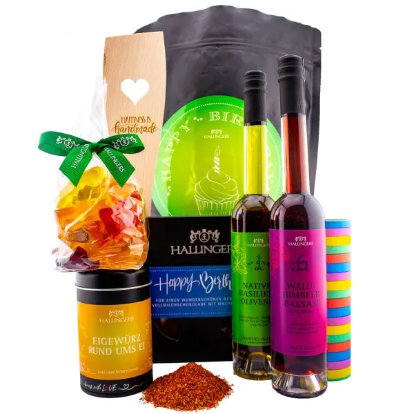 Happy Birthday green XXL (großer Geburtstagsgruß Olivenöl Essig Gewürz Schoki Bärchen & mehr) - Feinkost-Set, XXL-Wundertüte Gourmet