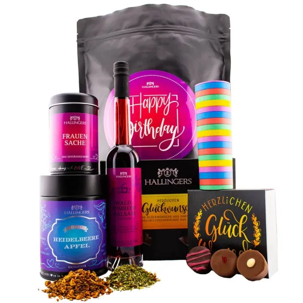 Happy Birthday pink XXL (großer Geburtstagsgruß Essig, Gewürz, Eistee, Pralinen, Schokolade & mehr) - Feinkost-Set, XXL-Wundertüte Gourmet
