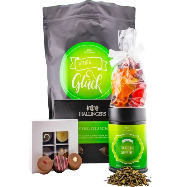 Viel Glück XXL (großer Glücksgruß Pralinen, Tee, Tafel Schokolade & Fruchtsaftbärchen) - Feinkost-Set, XXL-Wundertüte Gourmet