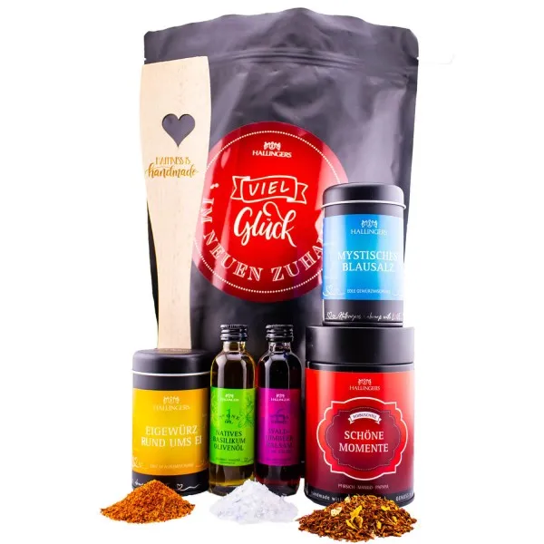 Viel Glück im neuen Zuhause XXL (großer Einzugsgruß Olivenöl, Essig, Gewürz, Salz, Tee & Pfannenwender) - Feinkost-Set, XXL-Wundertüte Gourmet