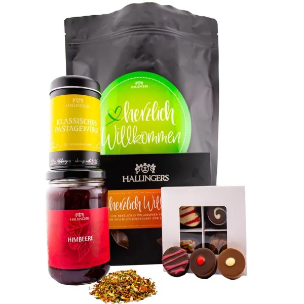 Herzlich willkommen XXL (großer Willkommensgruß Himbeer-Konfitüre, Gewürz, Pralinen & Schokolade) - Feinkost-Set, XXL-Wundertüte Gourmet