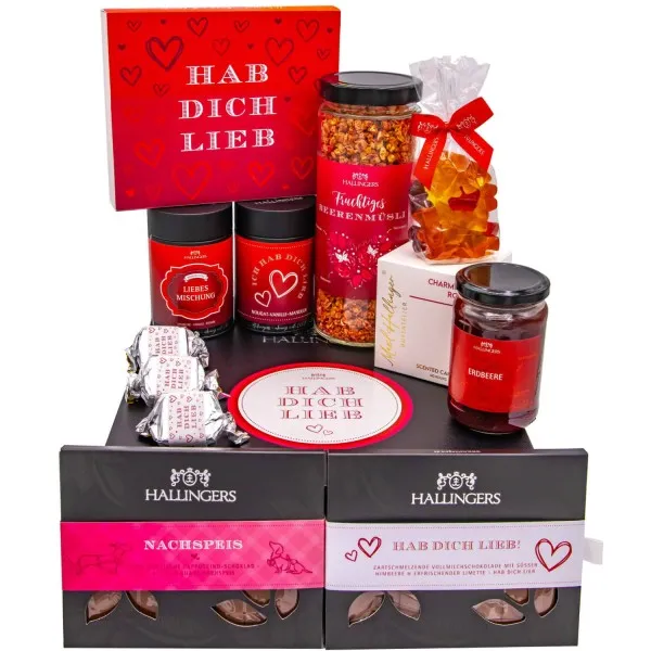 Hab dich lieb (großer Liebesgruß Nougat, Tee, Pralien, Duftkerze, Konfitüre & viel mehr) - Feinkost-Set, XXL-Geschenkkorb Gourmet
