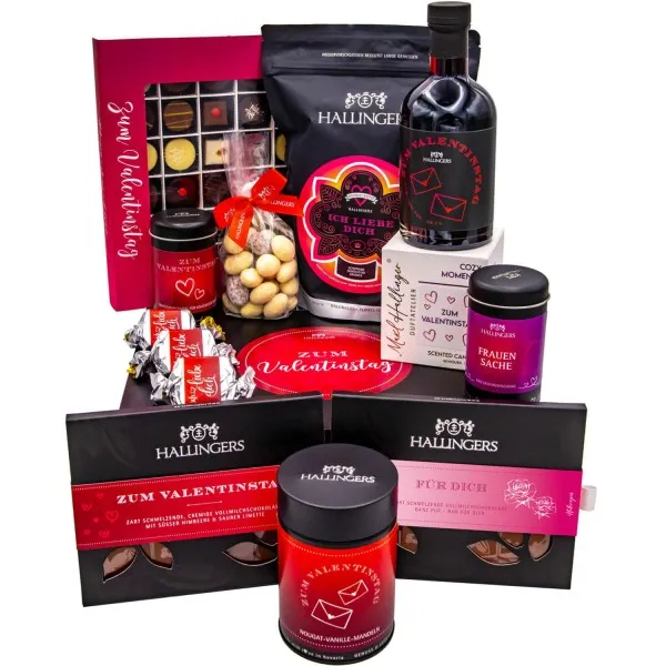 Zum Valentinstag pink (großer Liebesgruß Likör, Pralinen, Nougat, Schoki, Duftkerze & mehr) - Feinkost-Set, XXL-Geschenkkorb Gourmet