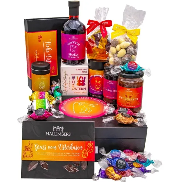 Gruß vom Osterhasen orange (großer Ostergruß Ostereier, Essig, Nougat, Eistee Konfitüre & viel mehr) - Feinkost-Set, XXL-Geschenkkorb Gourmet