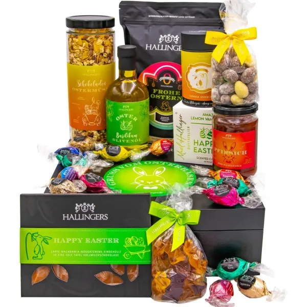 Gruß vom Osterhasen green (großer Ostergruß Ostereier, Müsli, Kaffee, Konfitüre, Olivenöl & mehr) - Feinkost-Set, XXL-Geschenkkorb Gourmet