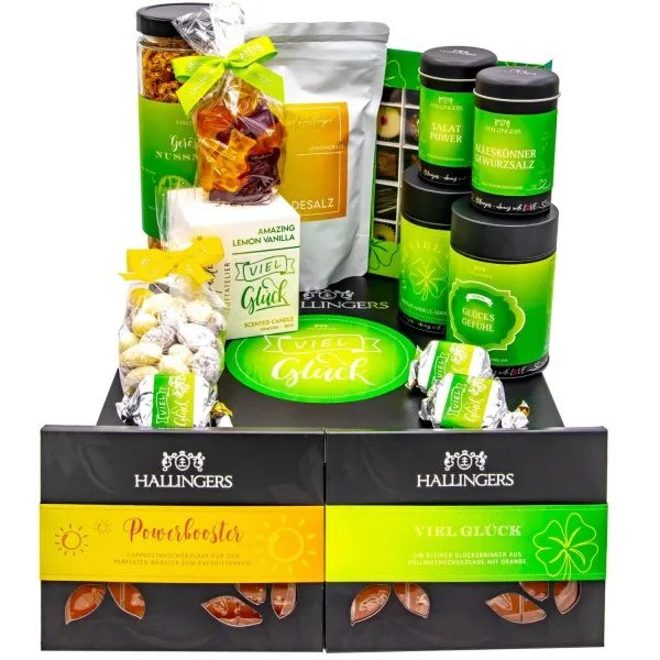 Viel Glück (großer Glücksgruß Pralinen, Tee, Nougat, Schoki, Duftkerze Müsli & mehr) - Feinkost-Set, XXL-Geschenkkorb Gourmet