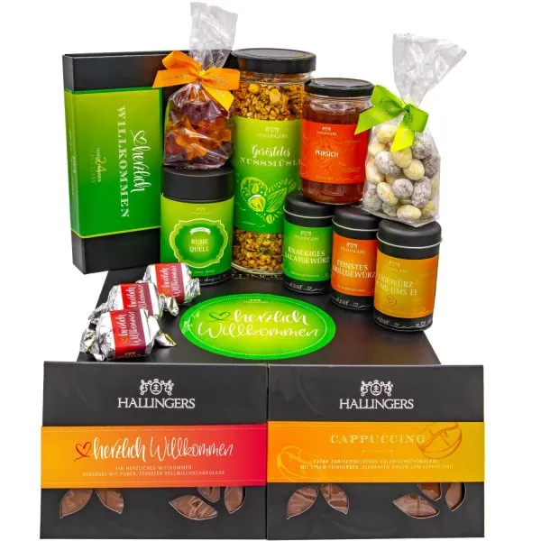 Herzlich Willkommen (großer Willkommensgruß Pralinen Nougat Konfitüre Gewürz Müsli & mehr) - Feinkost-Set, XXL-Geschenkkorb Gourmet