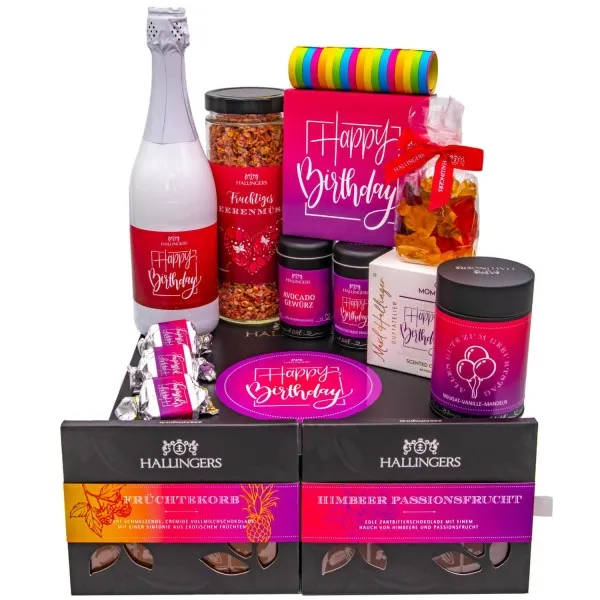 Happy birthday pink (großer Geburtstagsgruß Sekt, Pralinen, Nougat, Müsli Duftkerze & viel mehr) - Feinkost-Set, XXL-Geschenkkorb Gourmet