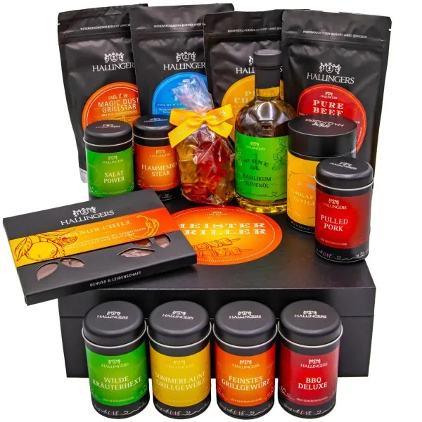 Meistergriller (großes Grillparty-Mitbringsel Gewürz, Olivenöl, Rub, Schoki, Eistee & mehr) - Feinkost-Set, XXL-Geschenkkorb Gourmet