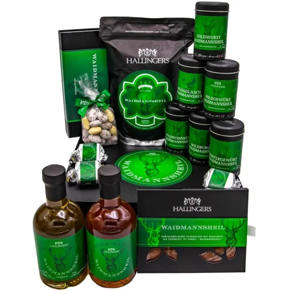 Waidmannsheil (großer Jägergruß Likör, Öl, Nougat, Schoki, Kaffee, Wildgewürze & mehr) - Feinkost-Set, XXL-Geschenkkorb Gourmet