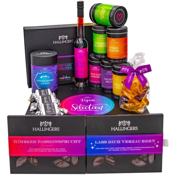 Vegane Selection (große Vegan-Auswahl Eistee, Essig, Busserl, Schoki, Gewürze, Essig & mehr) - Feinkost-Set, XXL-Geschenkkorb Gourmet