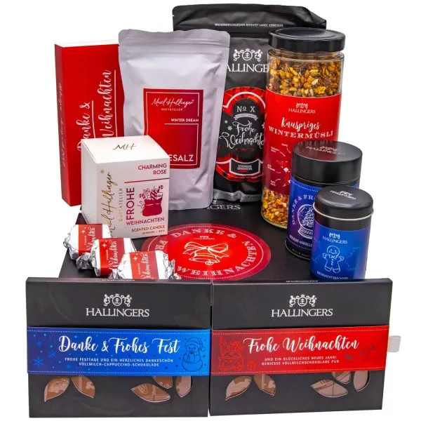 Danke & Frohe Weihnachten (große Selektion Nougat, Müsli, Badesalz, Kerze, Schoki Kaffee & mehr) - Feinkost-Set, XXL-Geschenkkorb Gourmet