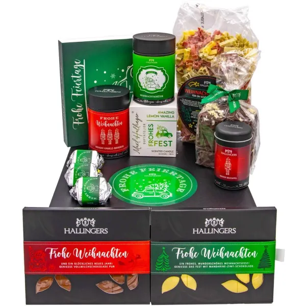 Frohe Feiertage (große Selektion Pralinen, Nougat, Tee, Duftkerze, Pasta, Lebkuchen & mehr) - Feinkost-Set, XXL-Geschenkkorb Gourmet