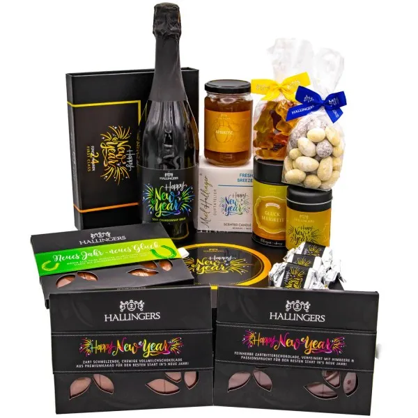 Happy New Year (große Selektion Sekt, Konfitüre, Duftkerze, Nougat, Schoki, Pralinen & mehr) - Feinkost-Set, XXL-Geschenkkorb Gourmet