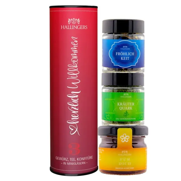 Herzlich willkommen (veganes Mitbringsel Tee, Konfitüre & Gewürz) - Feinkost-Set, 3x Miniglas Geschenkdose