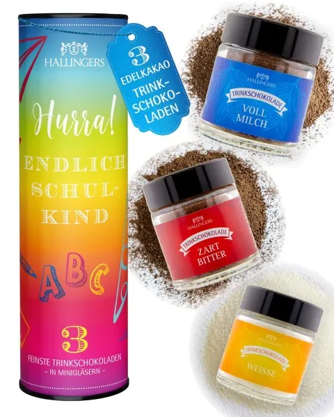 Hurra! Endlich Schulkind (Mitbringsel Trinkschoki drei Edelkakaos) - Feinkost-Set, 3x Miniglas Geschenkdose