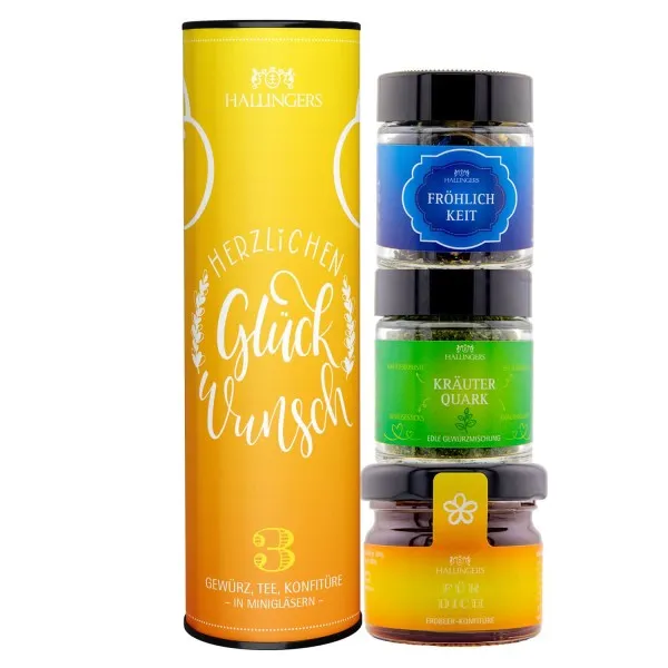 Herzlichen Glückwunsch (veganes Mitbringsel Tee, Konfitüre & Gewürz) - Feinkost-Set, 3x Miniglas Geschenkdose