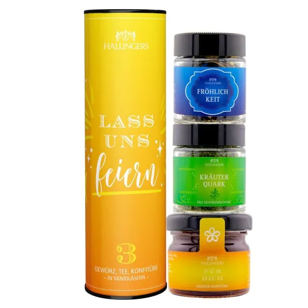 Lass uns feiern (veganes Mitbringsel Tee, Konfitüre & Gewürz) - Feinkost-Set, 3x Miniglas Geschenkdose