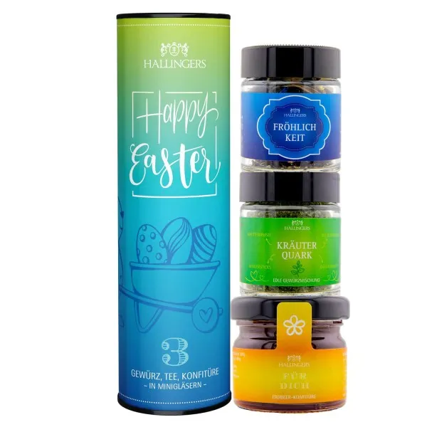 Happy Eeaster (veganes Mitbringsel Tee, Konfitüre & Gewürz) - Feinkost-Set, 3x Miniglas Geschenkdose