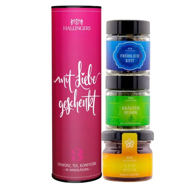 Mit Liebe geschenkt (veganes Mitbringsel Tee, Konfitüre & Gewürz) - Feinkost-Set, 3x Miniglas Geschenkdose