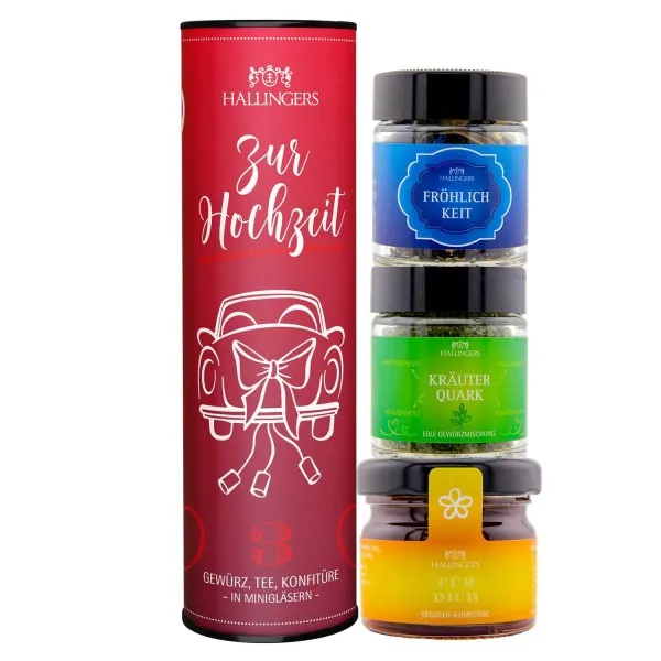 Zur Hochzeit (veganes Mitbringsel Tee, Konfitüre & Gewürz) - Feinkost-Set, 3x Miniglas Geschenkdose