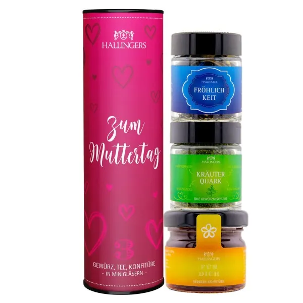 Zum Muttertag (veganes Mitbringsel Tee, Konfitüre & Gewürz) - Feinkost-Set, 3x Miniglas Geschenkdose