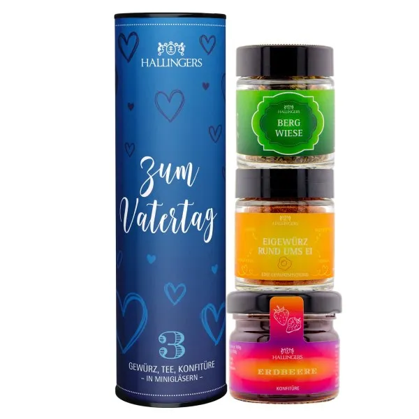 Zum Vatertag (veganes Mitbringsel Tee, Konfitüre & Gewürz) - Feinkost-Set, 3x Miniglas Geschenkdose