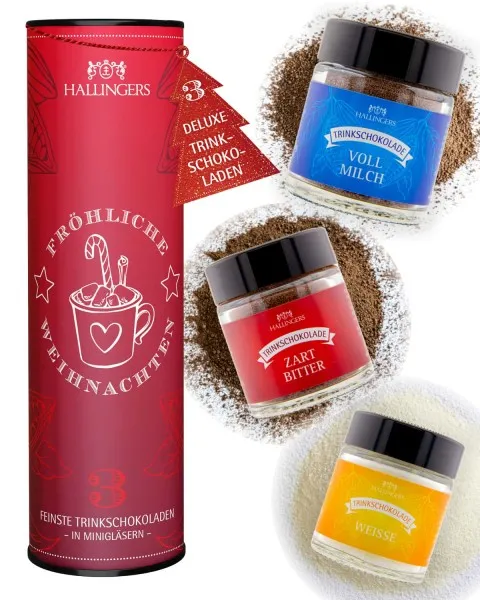 Fröhliche Weihnachten (Mitbringsel Trinkschoki drei Edelkakaos) - Feinkost-Set, 3x Miniglas Geschenkdose