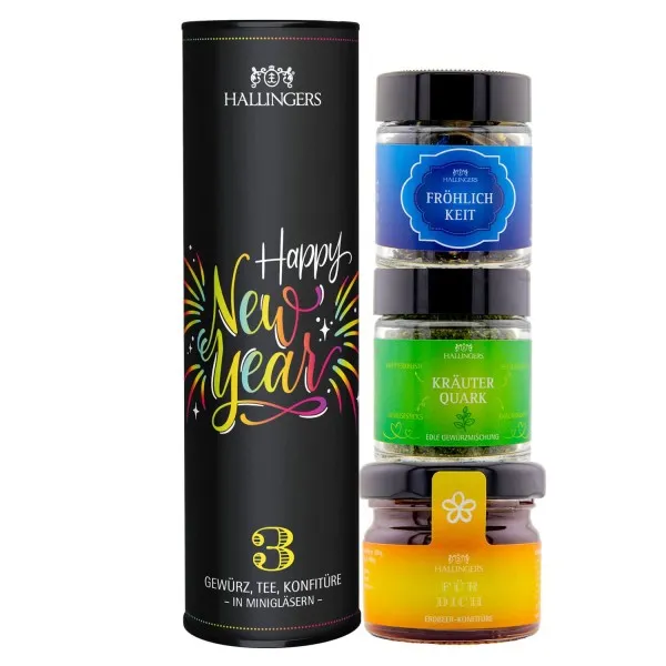 Happy New Year (veganes Mitbringsel Tee, Konfitüre & Gewürz) - Feinkost-Set, 3x Miniglas Geschenkdose