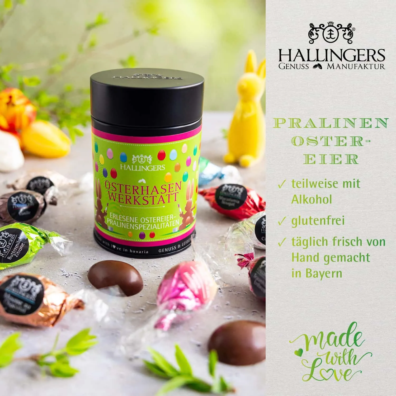 PRALINEN-OSTEREI OHNE ALKOHOL - Handgemachte Osterpralinen aus feinstem Confiserie-Edelkakao, stilvoll verpackt in einer hochwertigen Geschenkdose. Die besondere Geschenkidee zu Ostern für genussvolle Momente für die ganze Familie
