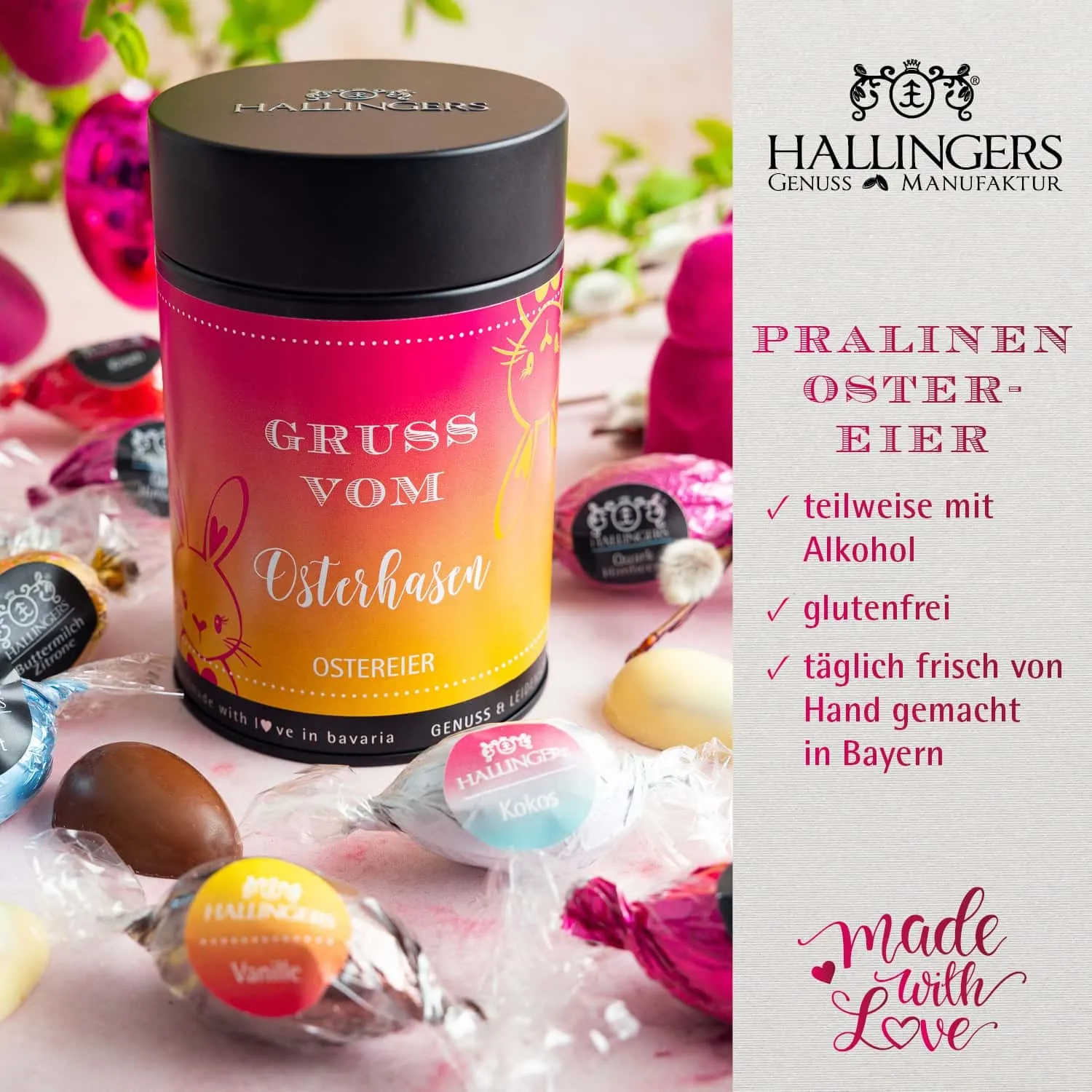 PRALINEN-OSTEREI OHNE ALKOHOL - Handgemachte Osterpralinen aus feinstem Confiserie-Edelkakao, stilvoll verpackt in einer hochwertigen Geschenkdose. Die besondere Geschenkidee zu Ostern für genussvolle Momente für die ganze Familie