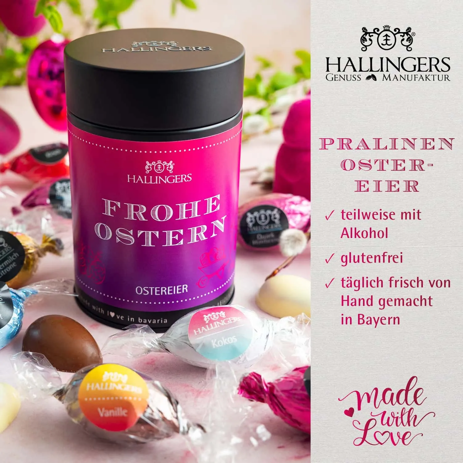 PRALINEN-OSTEREI OHNE ALKOHOL - Handgemachte Osterpralinen aus feinstem Confiserie-Edelkakao, stilvoll verpackt in einer hochwertigen Geschenkdose. Die besondere Geschenkidee zu Ostern für genussvolle Momente für die ganze Familie