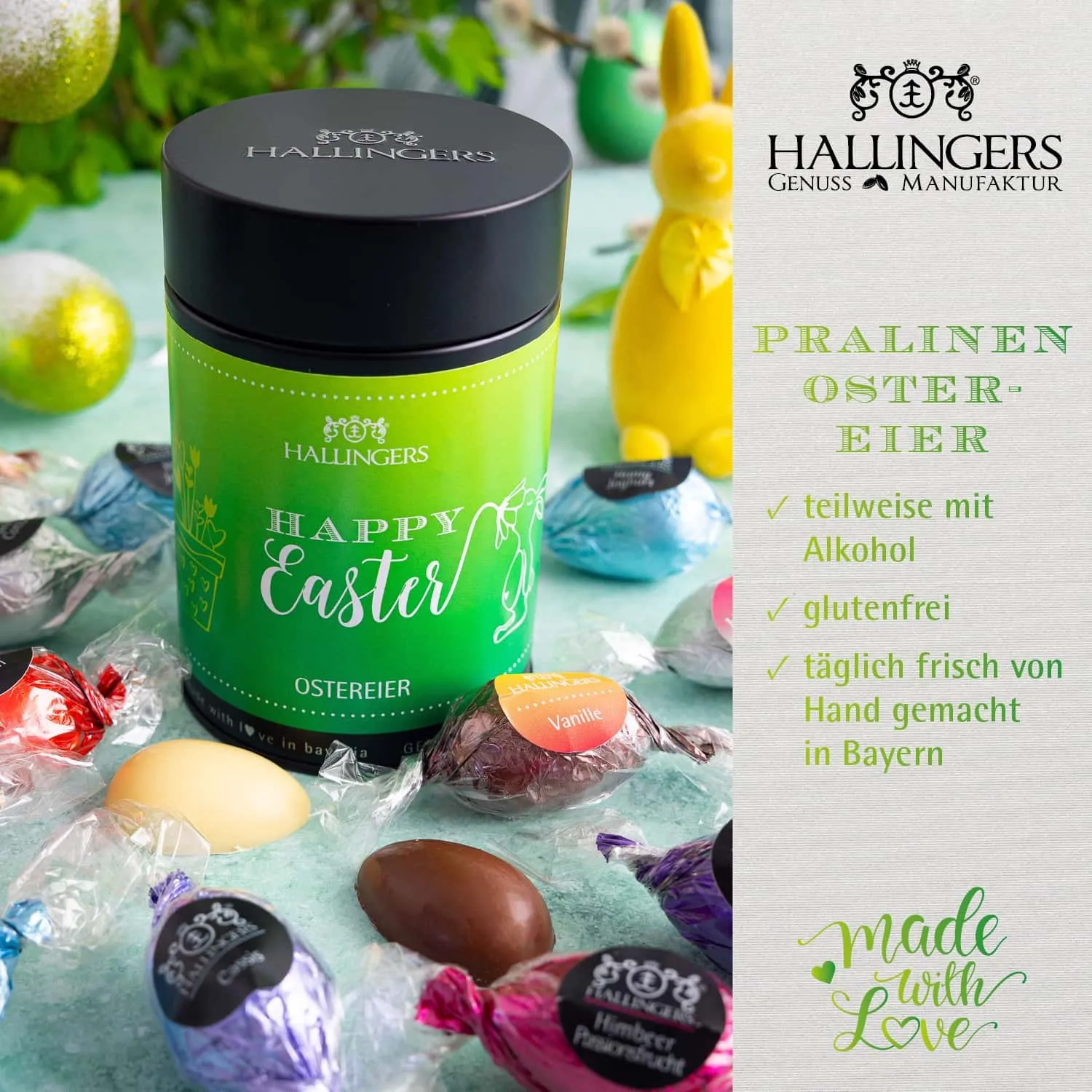 PRALINEN-OSTEREI OHNE ALKOHOL - Handgemachte Osterpralinen aus feinstem Confiserie-Edelkakao, stilvoll verpackt in einer hochwertigen Geschenkdose. Die besondere Geschenkidee zu Ostern für genussvolle Momente für die ganze Familie