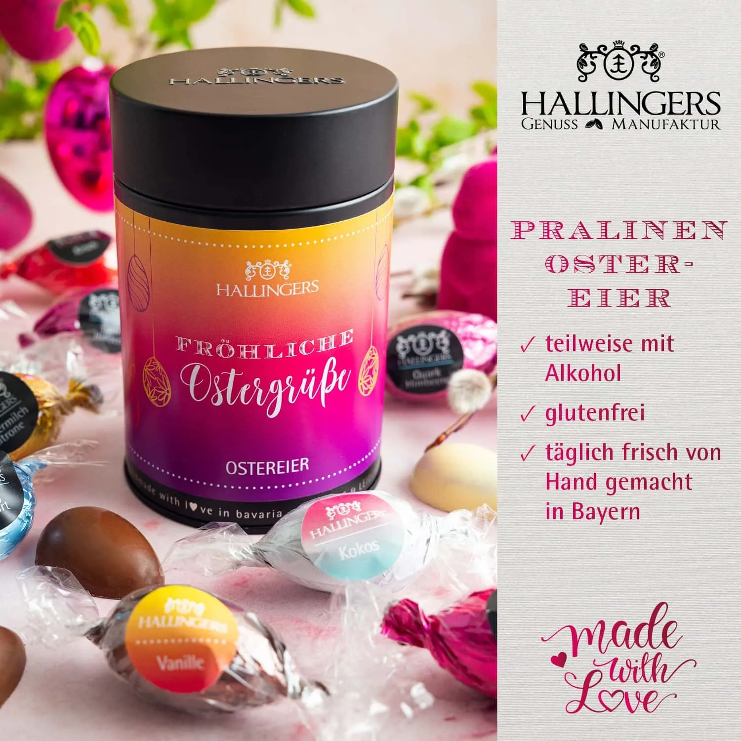 PRALINEN-OSTEREI OHNE ALKOHOL - Handgemachte Osterpralinen aus feinstem Confiserie-Edelkakao, stilvoll verpackt in einer hochwertigen Geschenkdose. Die besondere Geschenkidee zu Ostern für genussvolle Momente für die ganze Familie
