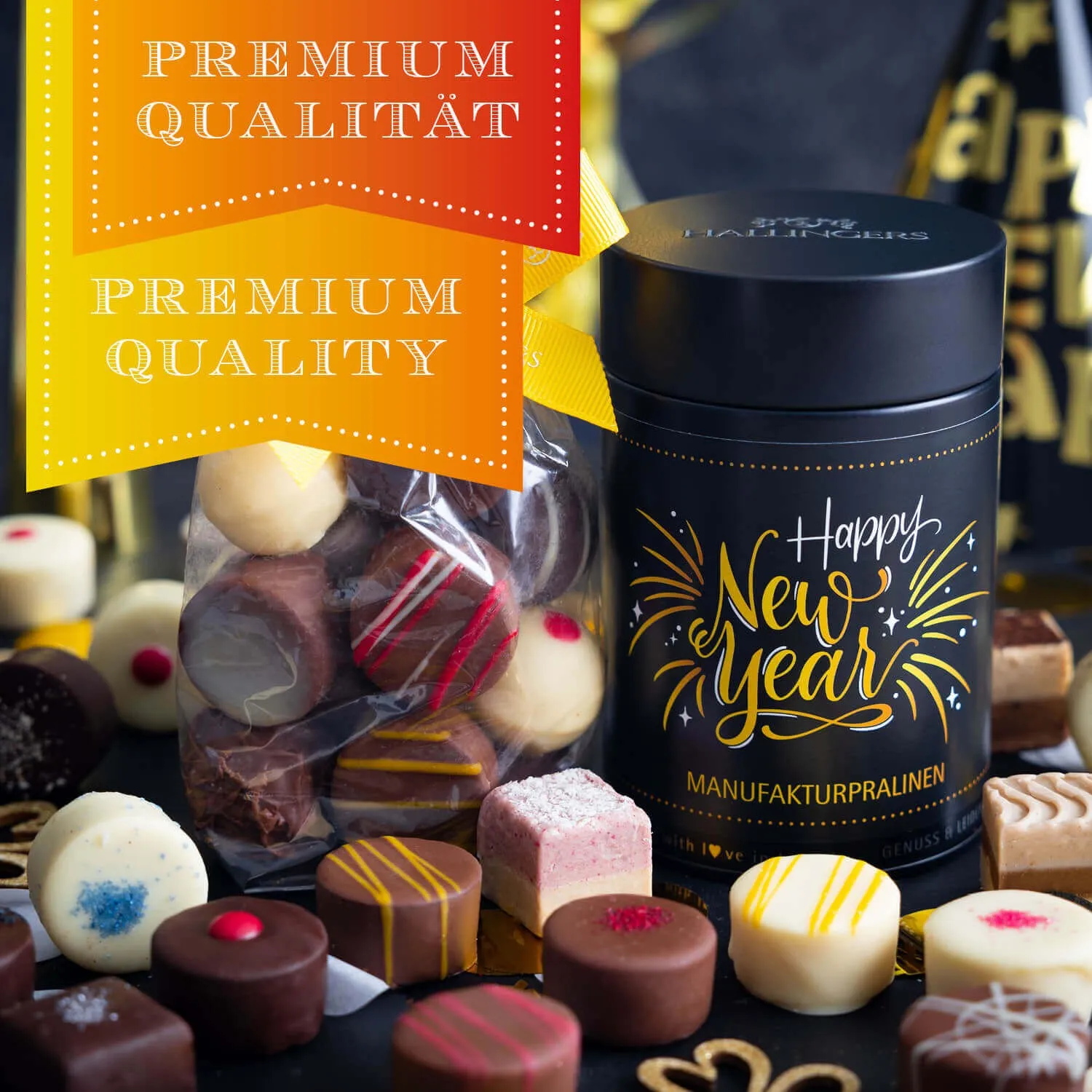HANDWERK STATT MASSENWARE - Edition \Happy New Year\: Vergiss billig produzierte Standard-Pralinen mit schöner Verpackung - entscheidend ist nicht nur der erste Eindruck, sondern der Geschmack, der noch lange in Erinnerung bleibt