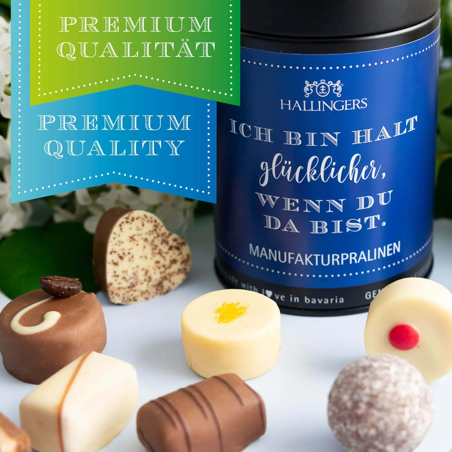 HANDWERK STATT MASSENWARE - Edition \Blue, Ich bin halt glücklicher...\: Vergiss billig produzierte Standard-Pralinen mit schöner Verpackung - entscheidend ist nicht nur der erste Eindruck, sondern der Geschmack, der noch lange in Erinnerung bleibt