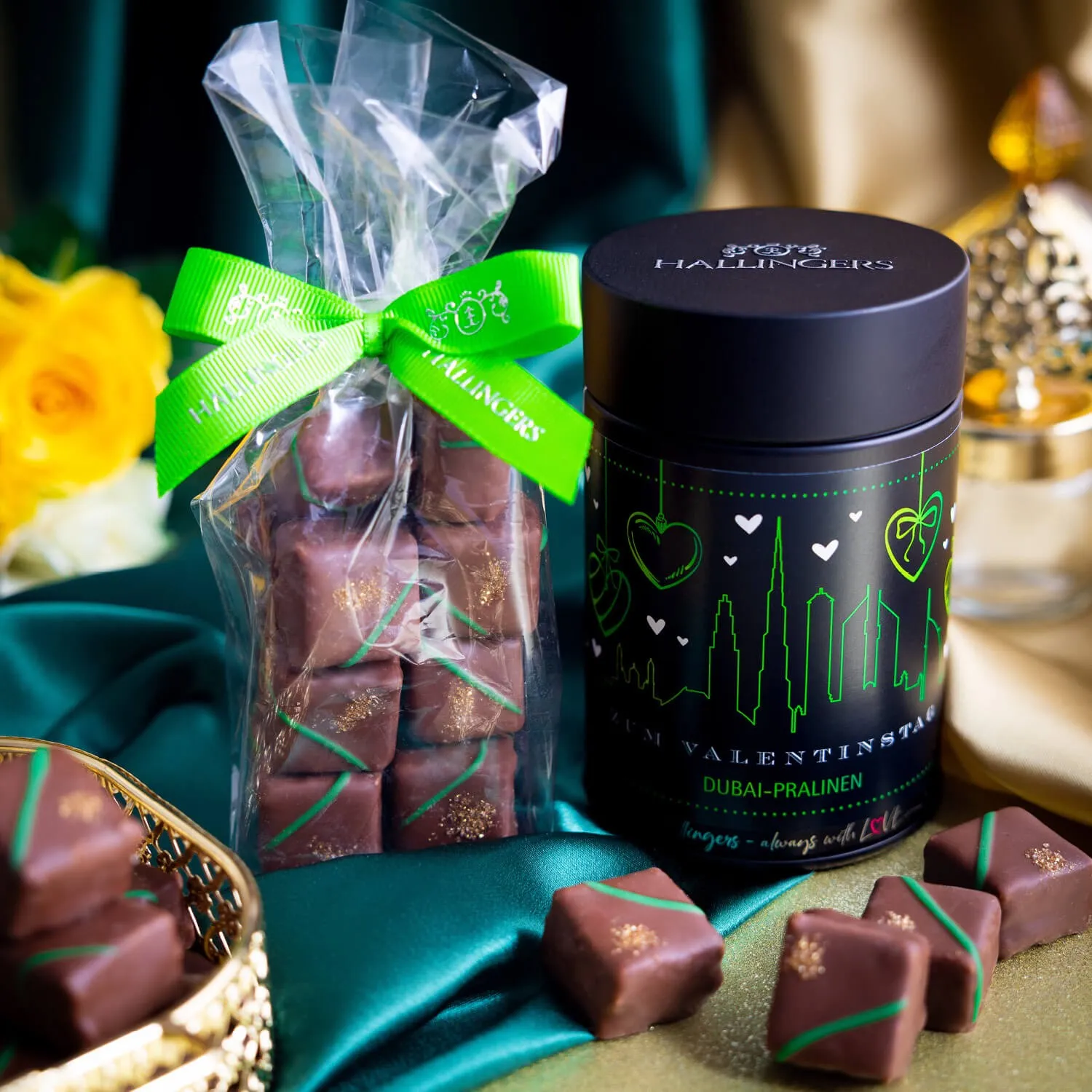DUBAI-STYLE PRALINEN OHNE ALKOHOL - Edle handgemachte Pralinen aus feinstem Confiserie-Edelkakao, inspiriert vom Dubai-Style und stilvoll verpackt in einer hochwertigen Geschenkdose. Exklusiver Schokoladengenuss für besondere Genussmomente