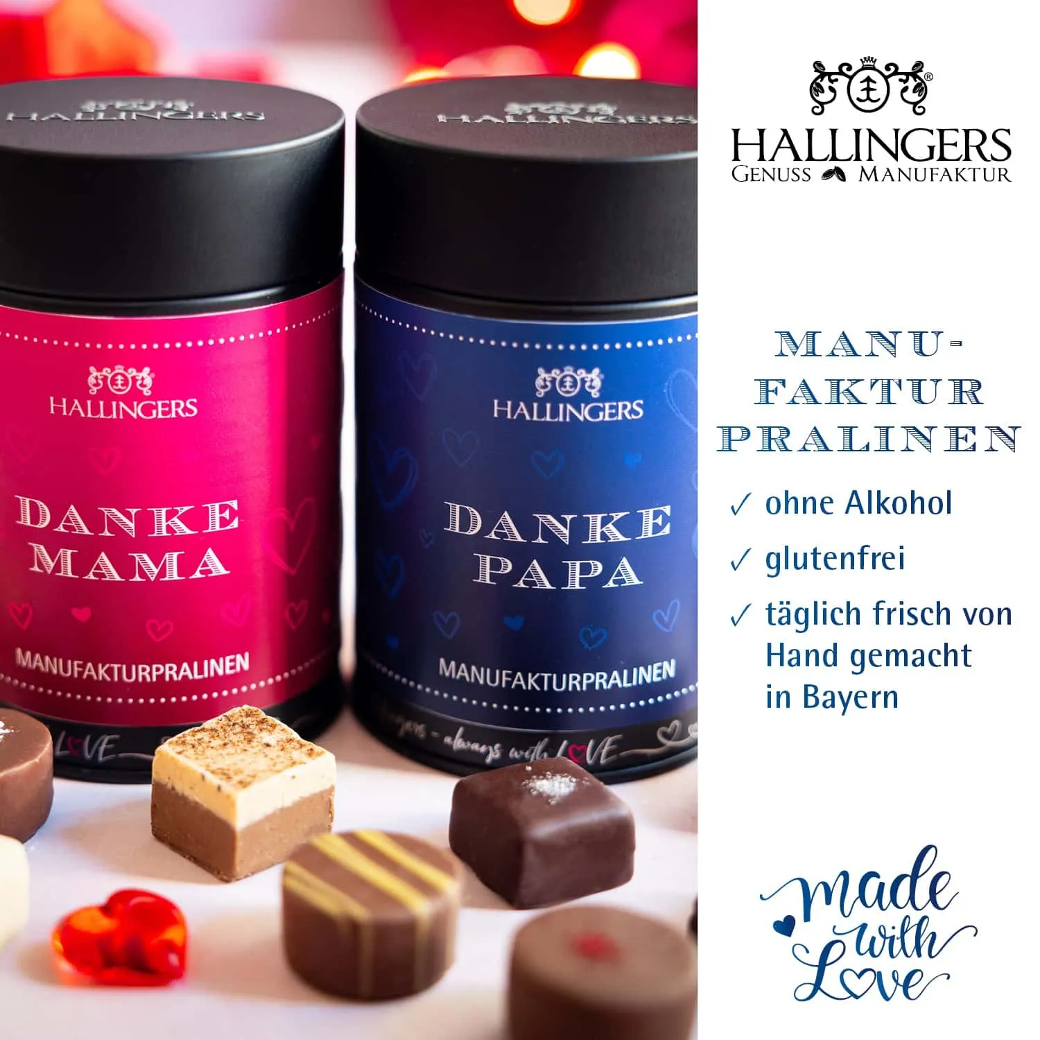 PRALINEN DOPPELPACK OHNE ALKOHOL - Handgemachte Pralinen aus feinstem Confiserie-Edelkakao im exklusiven Doppelpack, stilvoll verpackt in einer hochwertigen Geschenkdose. Perfekt als besonderes Geschenk für genussvolle Momente