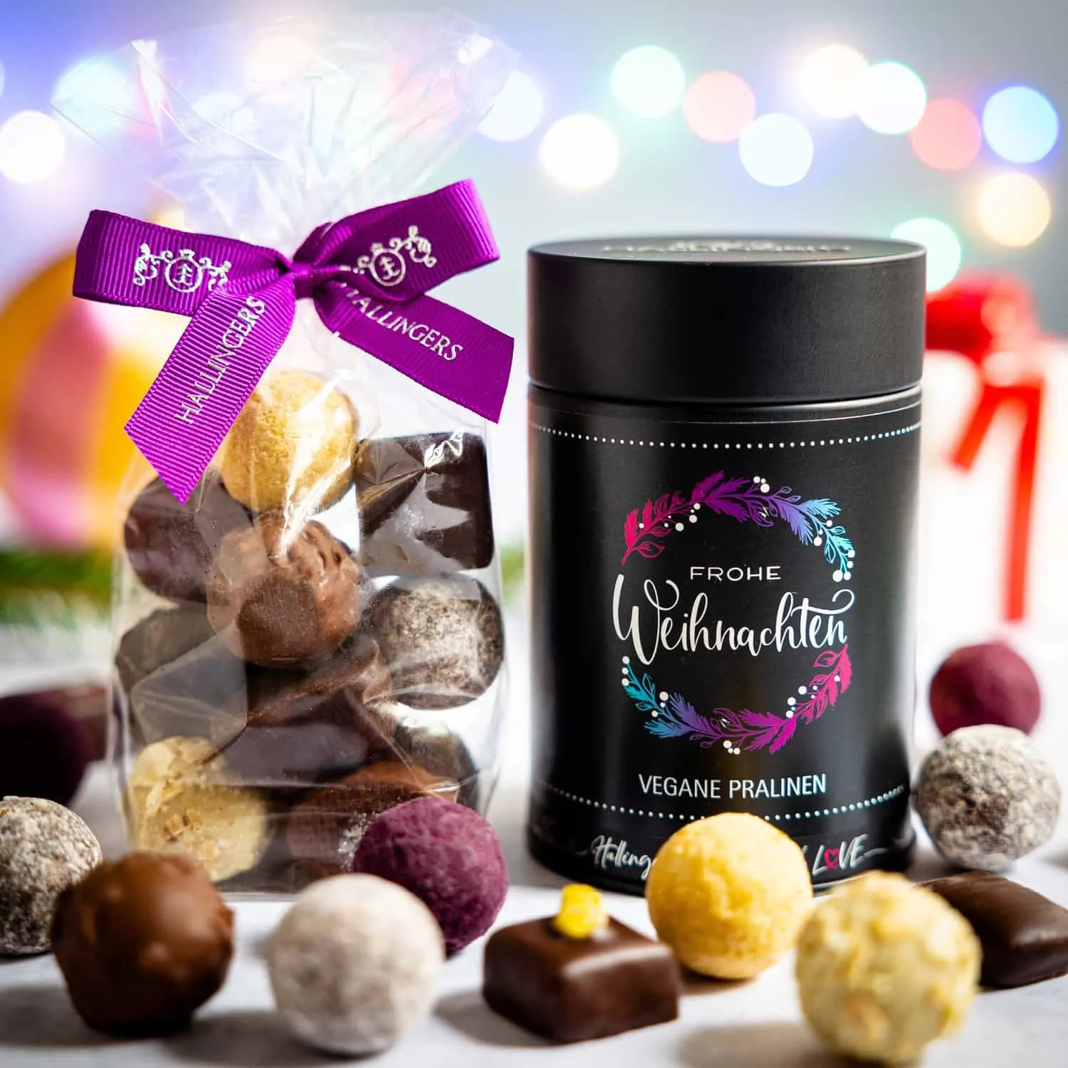 VEGANE PRALINEN IN DER GESCHENKDOSE - Edle handgemachte vegane Pralinen mit & ohne Alkohol aus feinstem Confiserie-Edelkakao, stilvoll verpackt in einer hochwertigen Geschenkdose. Perfekt als exklusives Geschenk für besondere Genussmomente