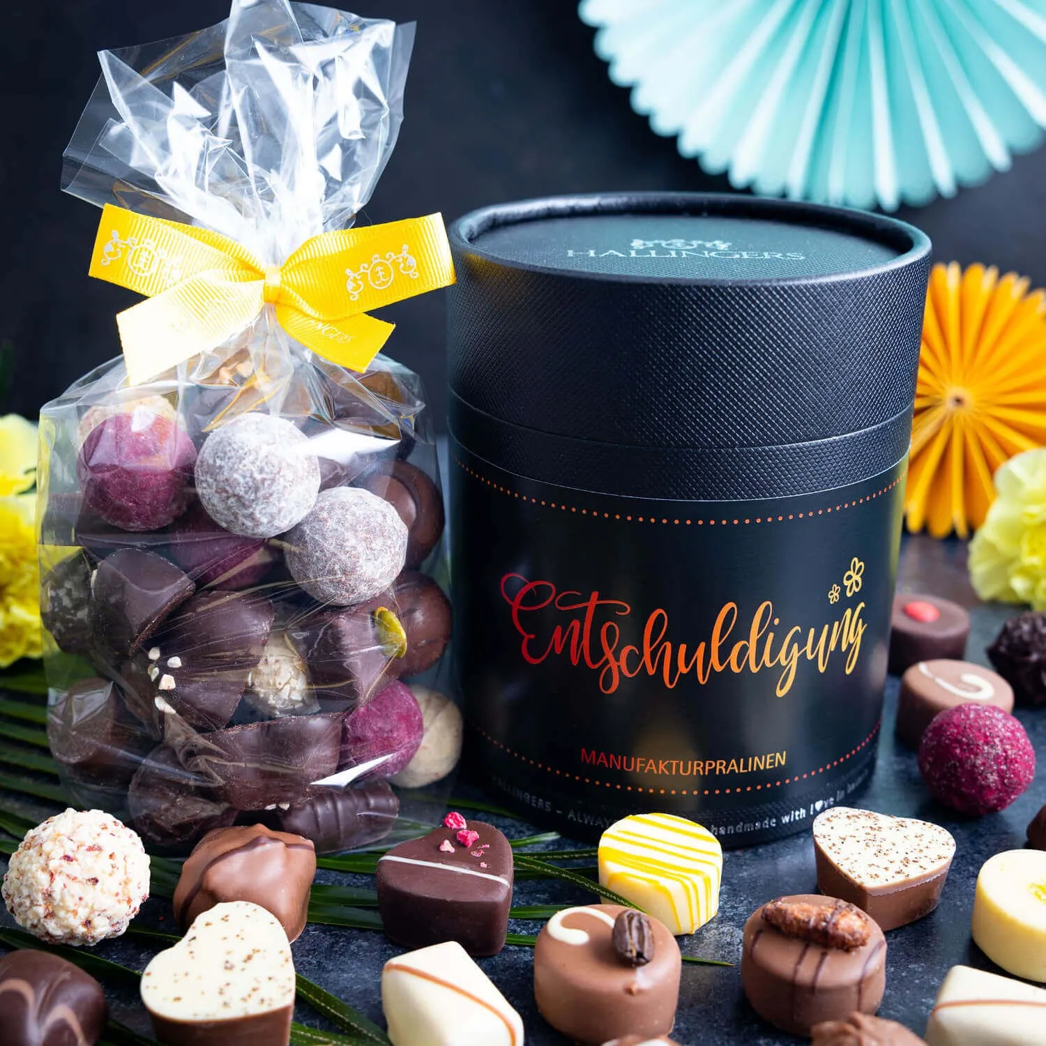 PRALINEN IN DER GESCHENKDOSE OHNE ALKOHOL - Edle handgemachte Pralinen aus feinstem Confiserie-Edelkakao, stilvoll verpackt in einer hochwertigen XXL-Geschenkdose. Perfekt als exklusives Geschenk für besondere Genussmomente