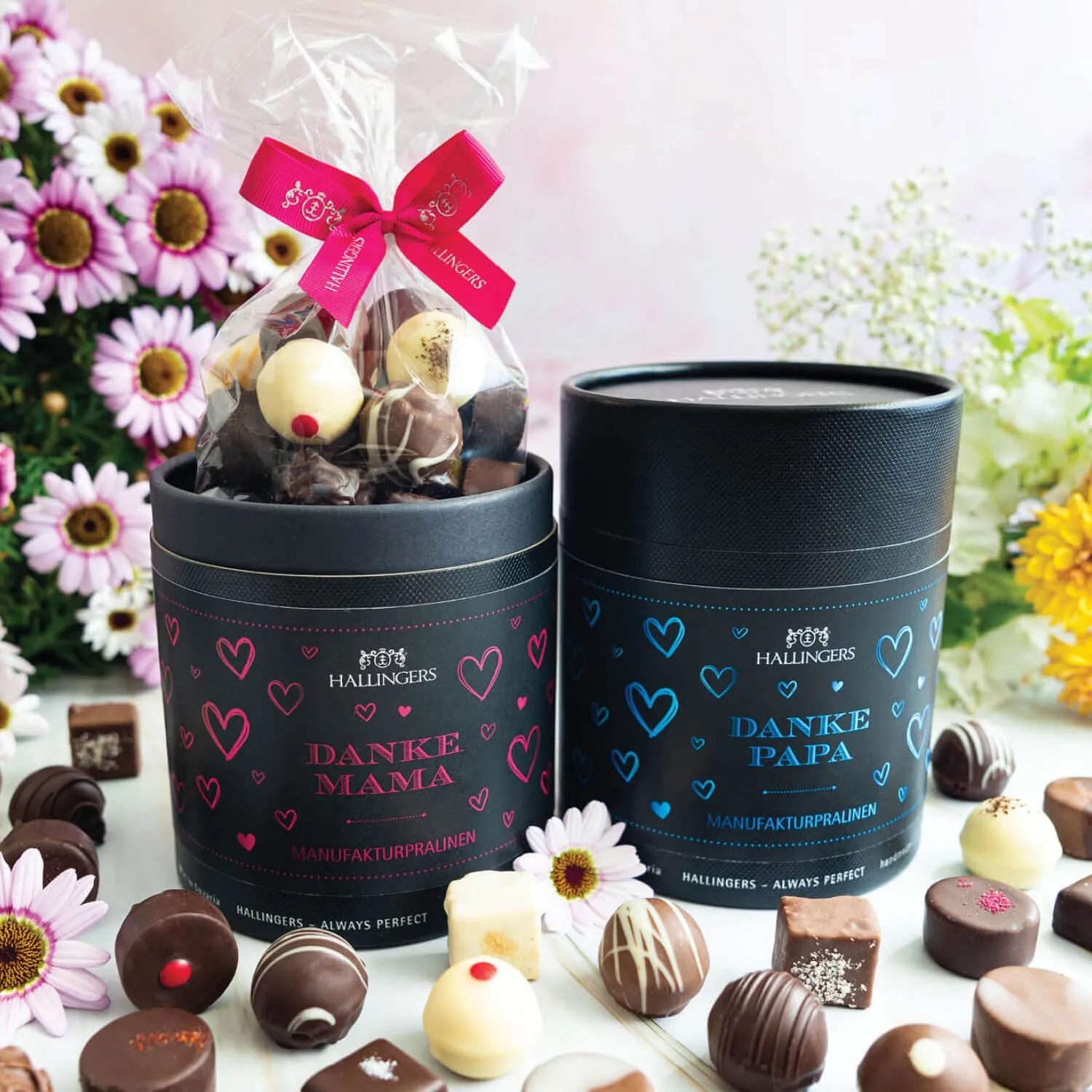 PRALINEN DOPPELPACK OHNE ALKOHOL - Handgemachte Pralinen aus feinstem Confiserie-Edelkakao im exklusiven Doppelpack, stilvoll verpackt in einer hochwertigen Geschenkdose. Perfekt als besonderes Geschenk für genussvolle Momente