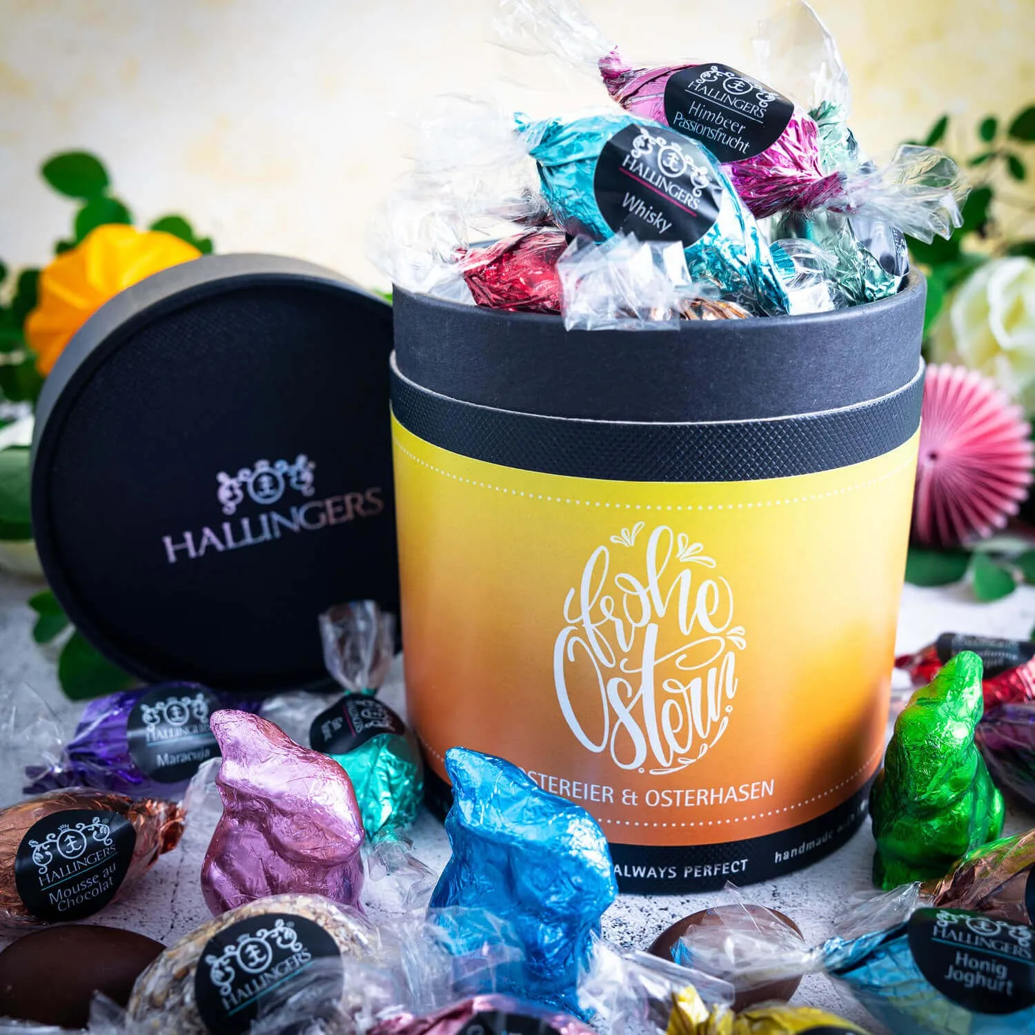 PRALINEN-OSTEREI MIT & OHNE ALKOHOL - Handgemachte Osterpralinen aus feinstem Confiserie-Edelkakao, stilvoll verpackt in einer hochwertigen Geschenkdose. Die besondere Geschenkidee zu Ostern für genussvolle Genussmomente
