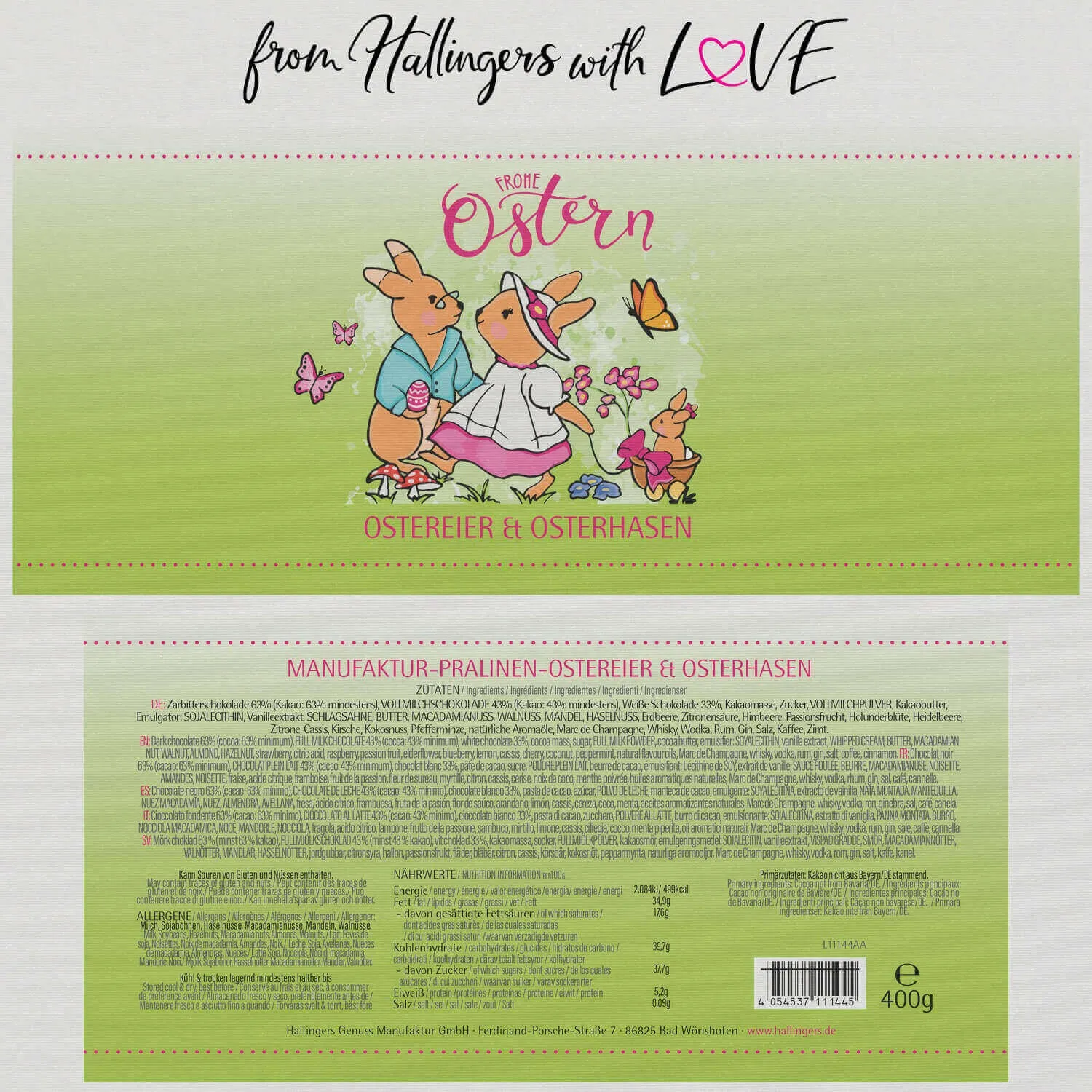 Frohe Ostern Hasenfamilie XXL - Pralinen-Osterei, mit & ohne Alkohol