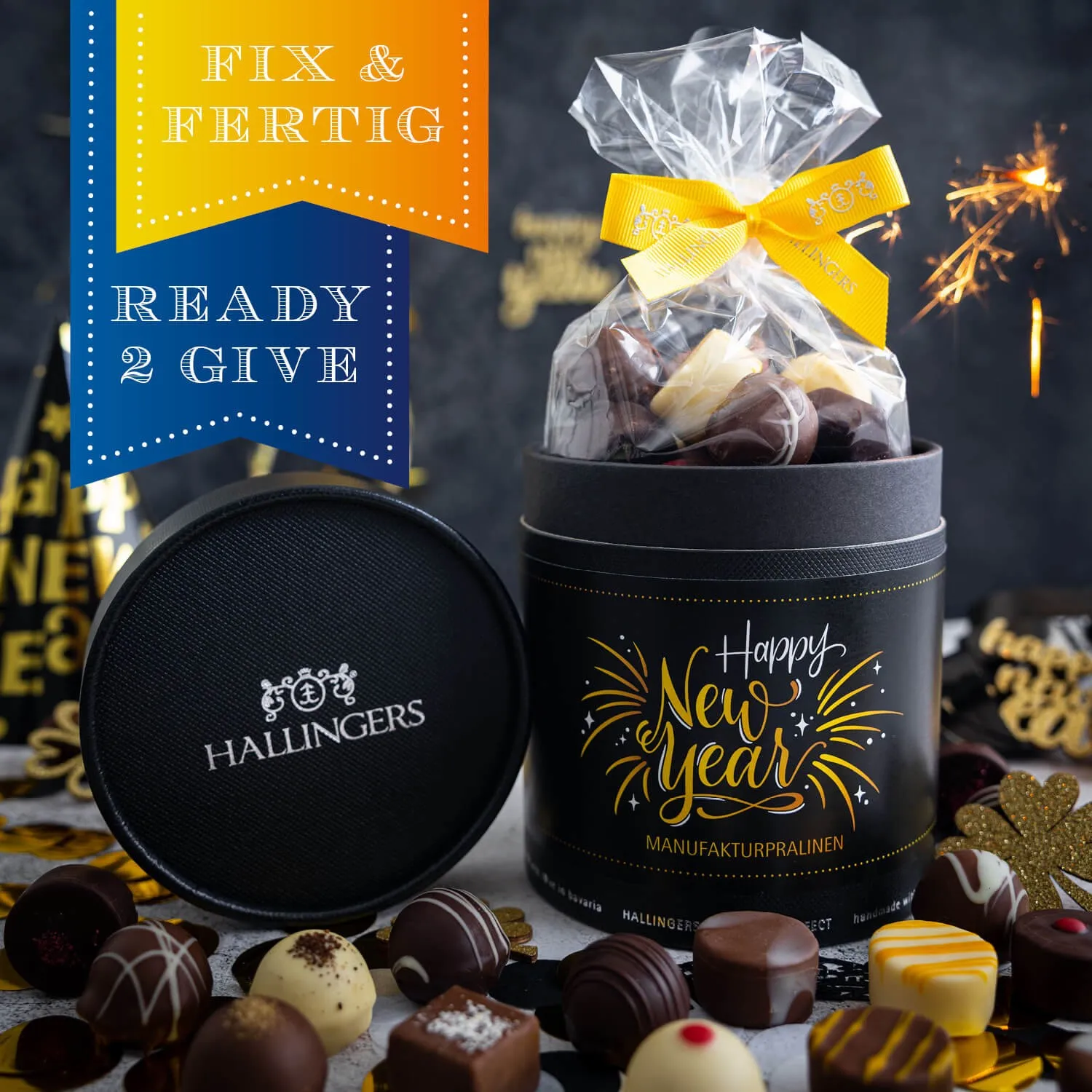 HANDWERK STATT MASSENWARE - Edition \Happy New Year\: Vergiss billig produzierte Standard-Pralinen mit schöner Verpackung - entscheidend ist nicht nur der erste Eindruck, sondern der Geschmack, der noch lange in Erinnerung bleibt