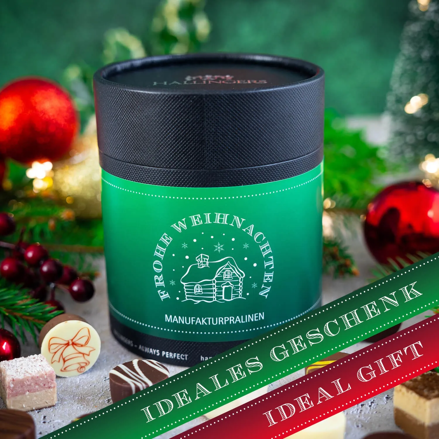 HANDWERK STATT MASSENWARE - Edition \Green, Frohe Weihnachten\: Vergiss billig produzierte Standard-Pralinen mit schöner Verpackung - entscheidend ist nicht nur der erste Eindruck, sondern der Geschmack, der noch lange in Erinnerung bleibt