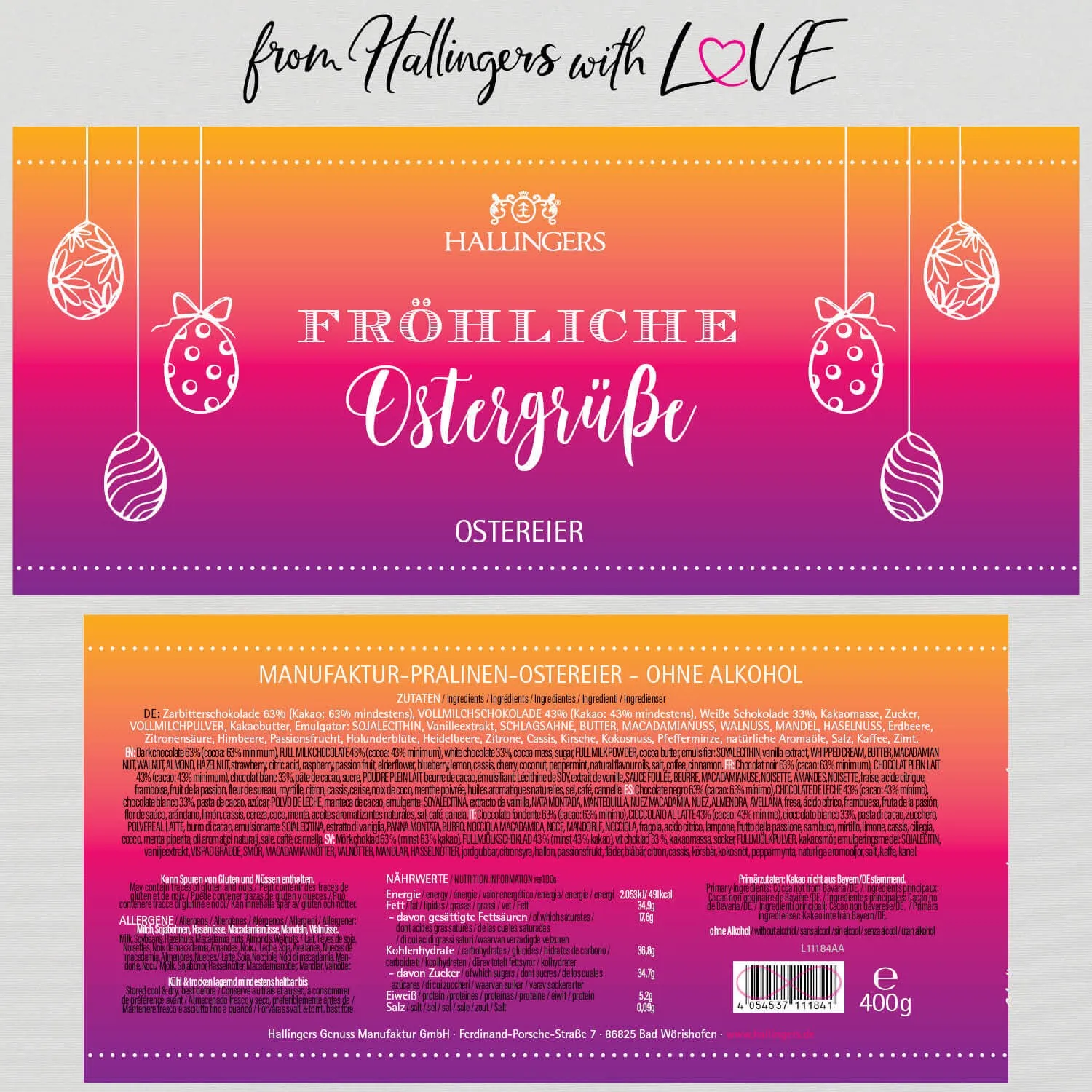 Fröhliche Ostergrüße XXL - Pralinen-Osterei, ohne Alkohol handmade