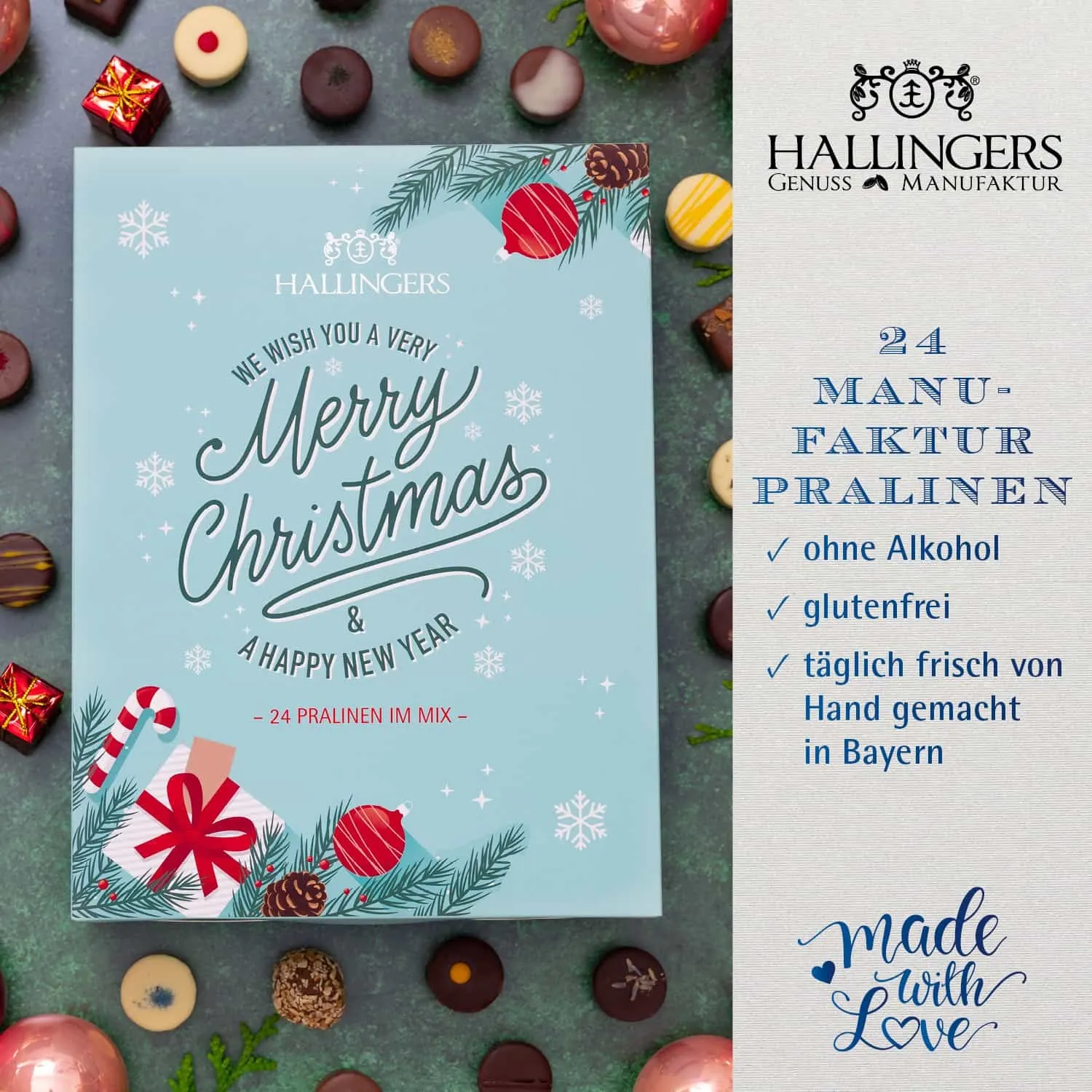 PRALINEN ADVENTSKALENDER OHNE ALKOHOL - Edle handgemachte Pralinen aus feinstem Edelkakao, stilvoll verpackt im hochwertigen Softfeel-Buchkarton. Die besondere Geschenkidee für 24 genussvolle Momente in der Adventszeit