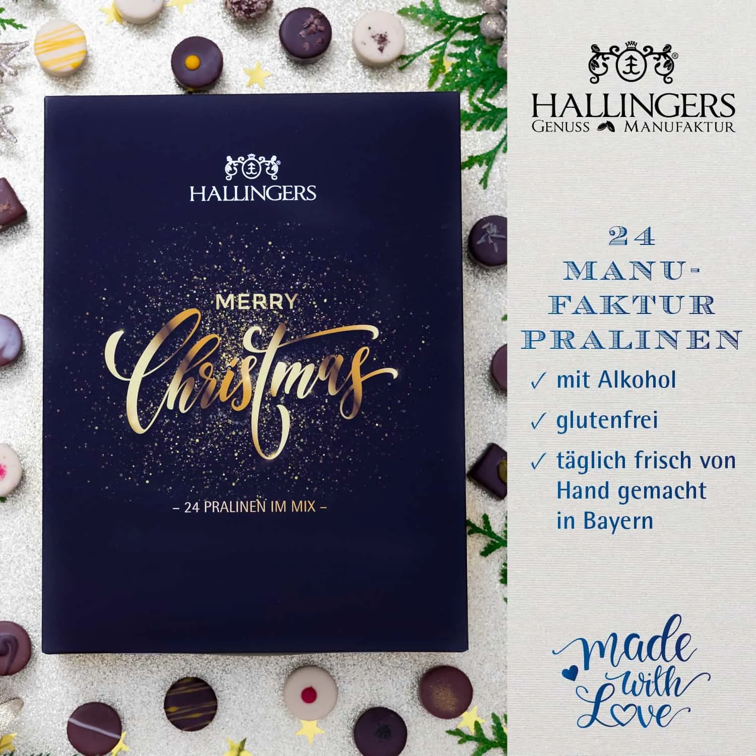 PRALINEN ADVENTSKALENDER MIT & OHNE ALKOHOL - Handgemachte Pralinen aus feinstem Confiserie-Edelkakao, stilvoll verpackt im hochwertigen Softfeel-Buch-Karton. Die besondere Geschenkidee für 24 genussvolle Momente in der Adventszeit