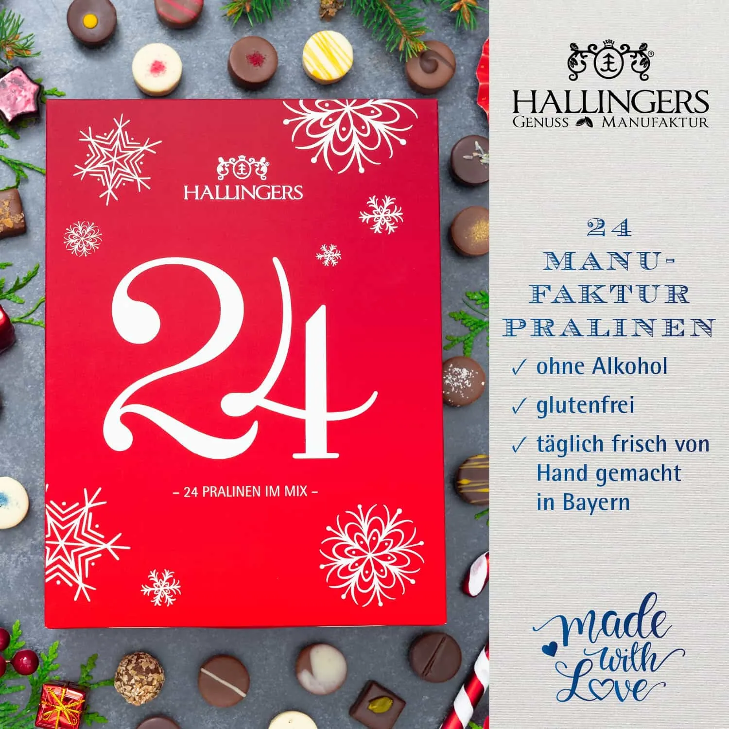 PRALINEN ADVENTSKALENDER OHNE ALKOHOL - Edle handgemachte Pralinen aus feinstem Edelkakao, stilvoll verpackt im hochwertigen Softfeel-Buchkarton. Die besondere Geschenkidee für 24 genussvolle Momente in der Adventszeit
