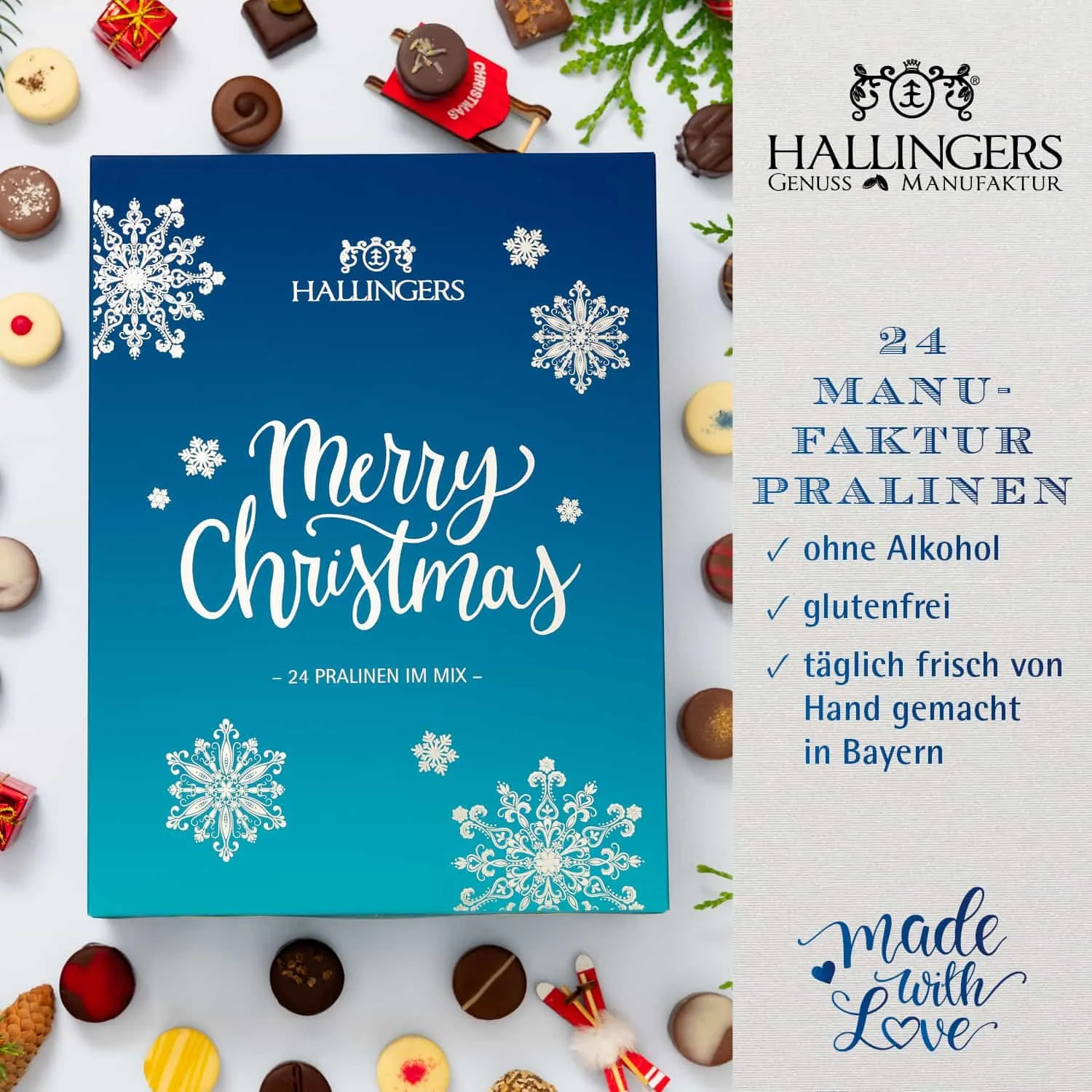 PRALINEN ADVENTSKALENDER OHNE ALKOHOL - Edle handgemachte Pralinen aus feinstem Edelkakao, stilvoll verpackt im hochwertigen Softfeel-Buchkarton. Die besondere Geschenkidee für 24 genussvolle Momente in der Adventszeit